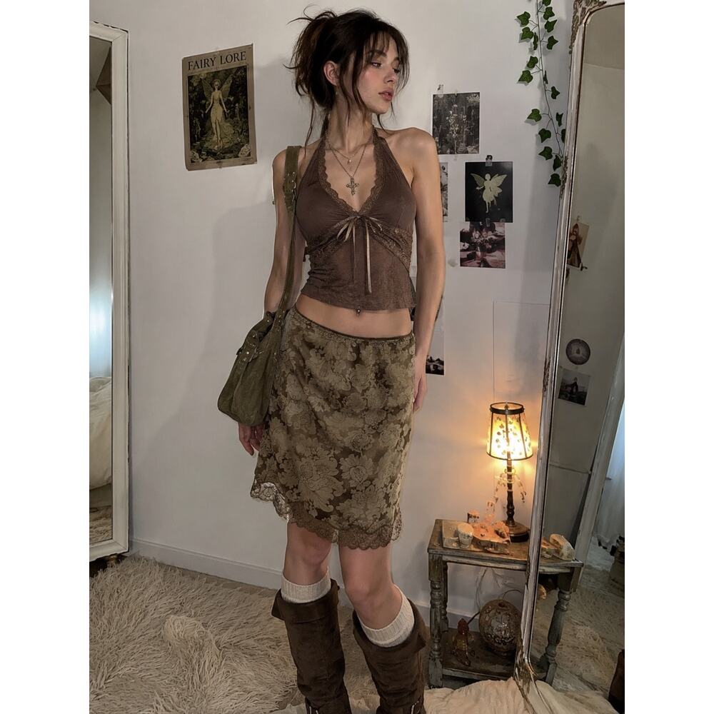 90s Y2K Fairy Grunge Vanity Fair M Green Brown Lace Trim Floral Sheer Slip Skirt